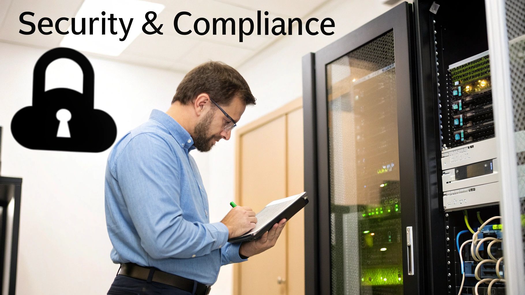 Man checking server racks in a data center, symbolizing IT security and compliance management.