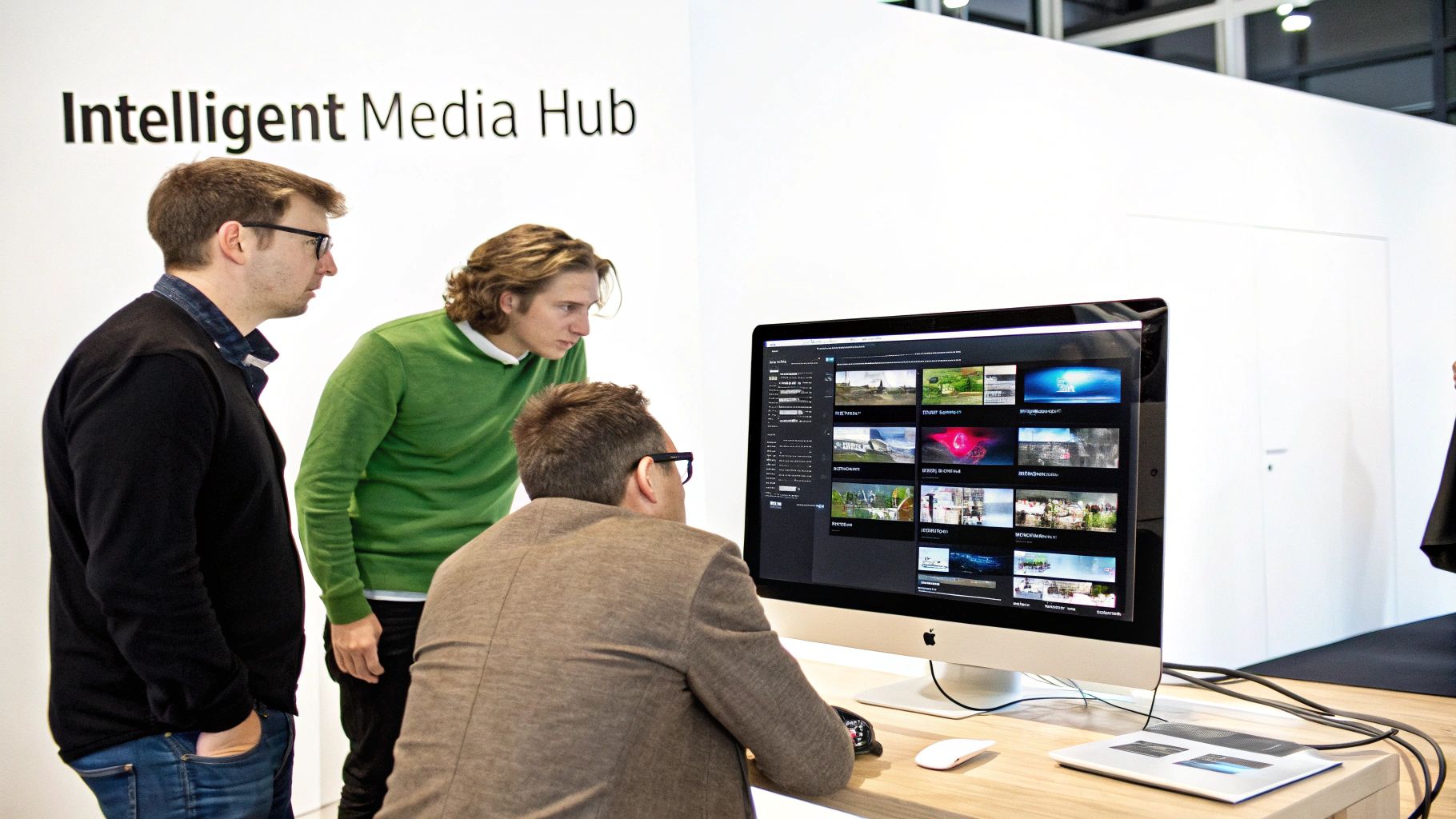 Three men collaborate, viewing a digital media asset management system on an Apple iMac computer.