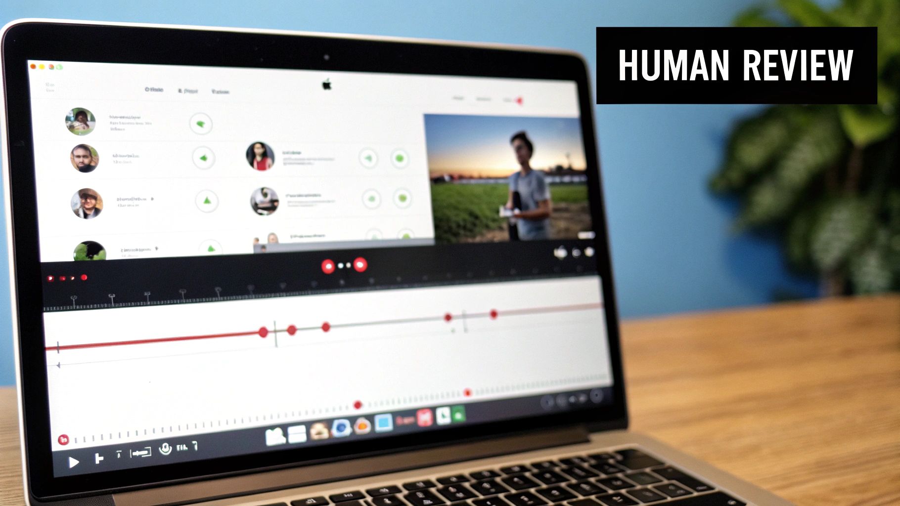 A MacBook Pro displaying a video editing and review application with user profiles and a timeline.