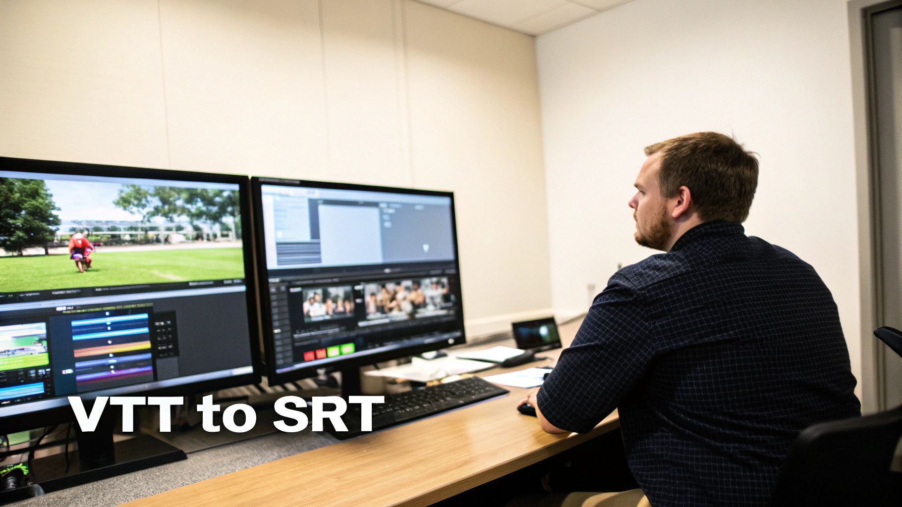 Man editing video on dual monitors in a bright office environment.