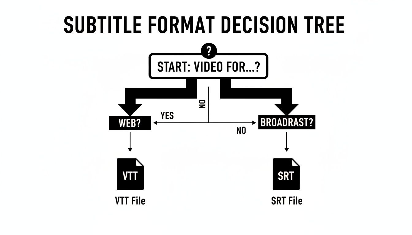 Decision tree flowchart showing when to use VTT or SRT subtitle files for web or broadcast video.
