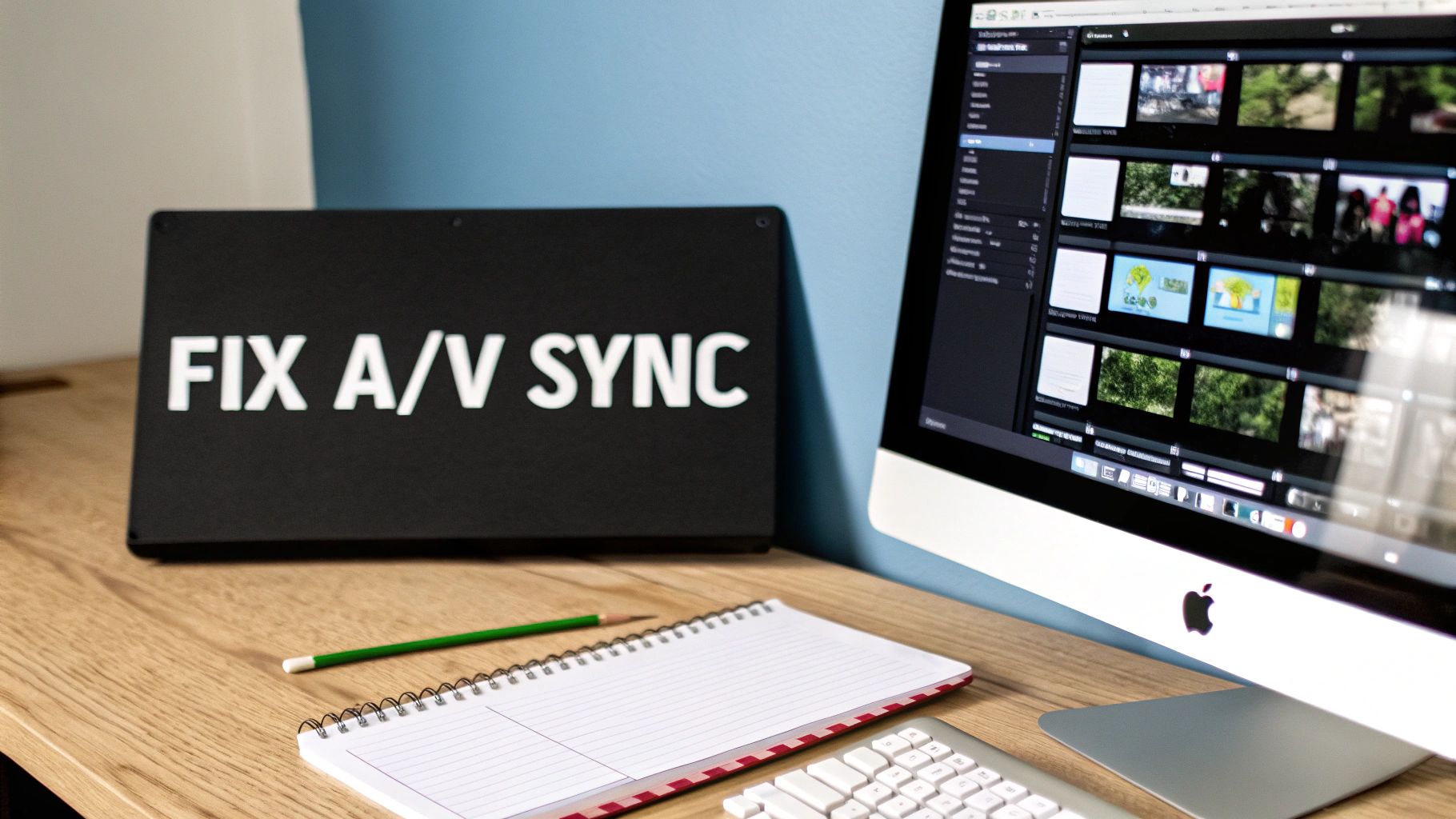 A workspace with an iMac displaying video editing software, a 'FIX A/V SYNC' sign, and a notebook.