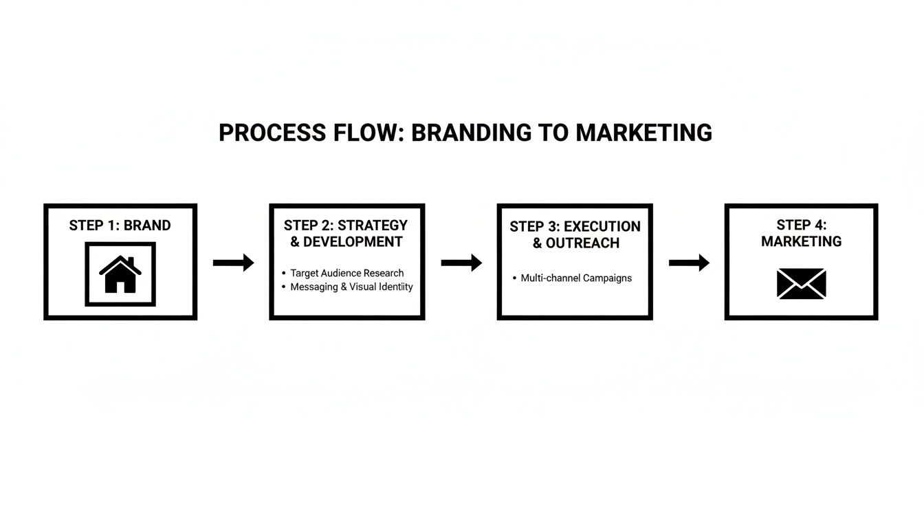 Process flow diagram showing steps from branding to marketing: brand, strategy, execution, and marketing.