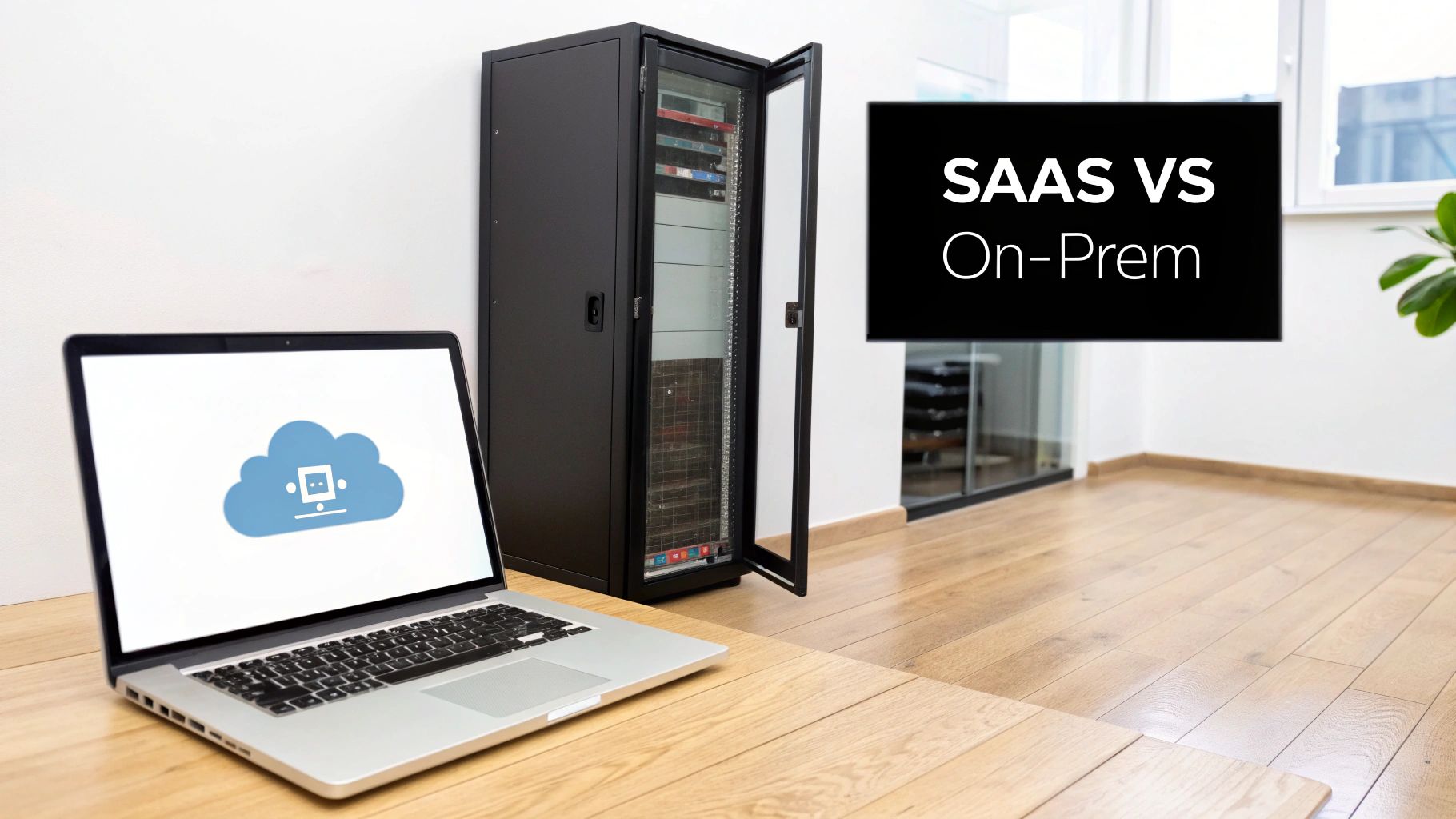 A laptop with a cloud icon representing SaaS and a server rack for on-premise software solutions.