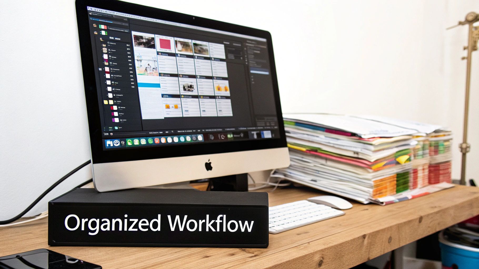 A clean desk featuring an iMac displaying a digital workflow, alongside stacked papers and an 'Organized Workflow' sign.