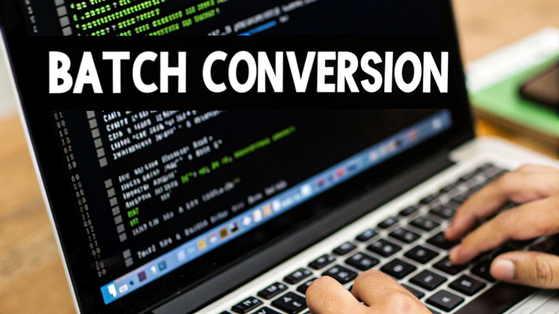 A person typing on a laptop with 'BATCH CONVERSION' text and code on the screen.