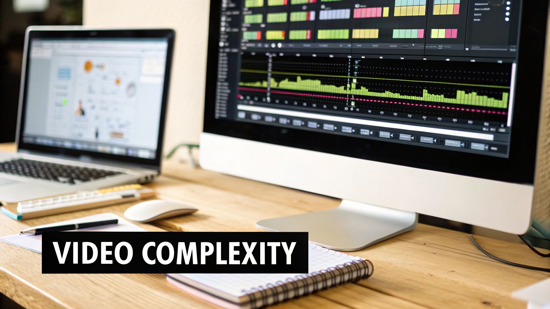 A modern workspace with computers displaying data graphs, illustrating video complexity.