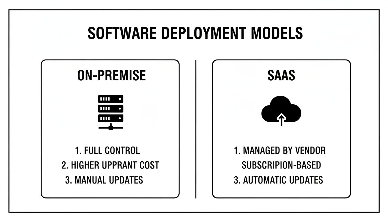 A comparison table illustrating On-Premise and SaaS software deployment models, highlighting key differences in control, cost, and updates.