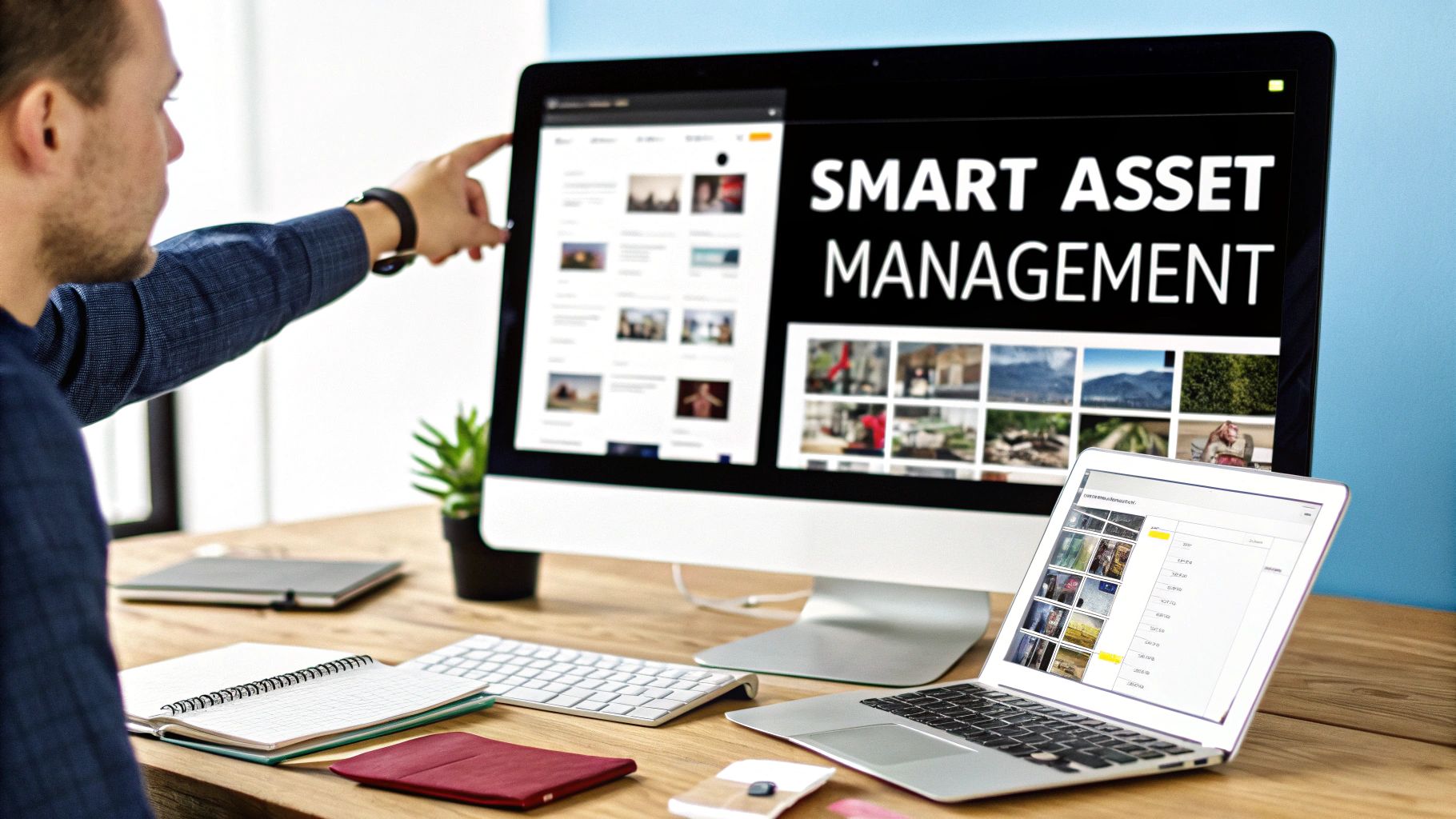 A man points at a computer screen displaying 'SMART ASSET MANAGEMENT' and image grids in a modern office.