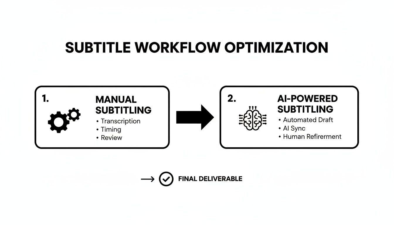 A workflow diagram illustrating the optimization of subtitling from a manual process to an AI-powered one.