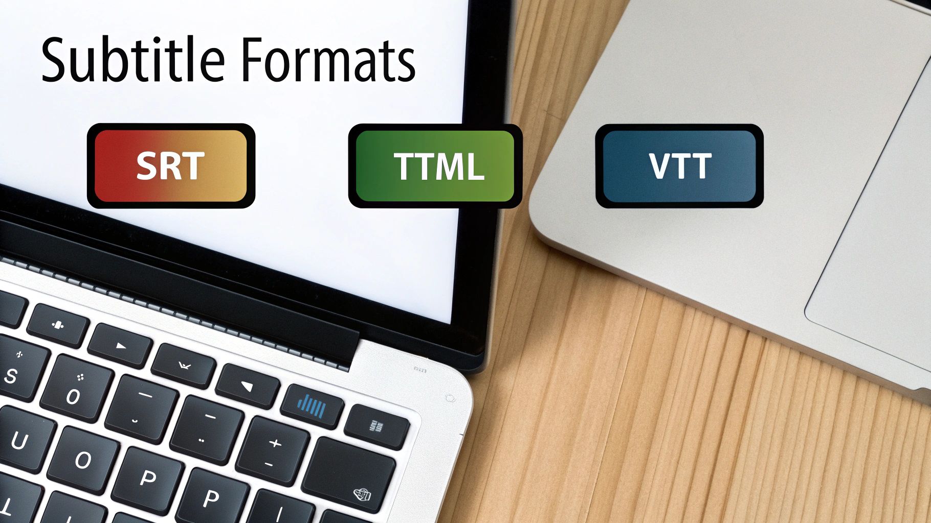 A laptop screen displaying 'Subtitle Formats' with buttons for SRT, TTML, and VTT.