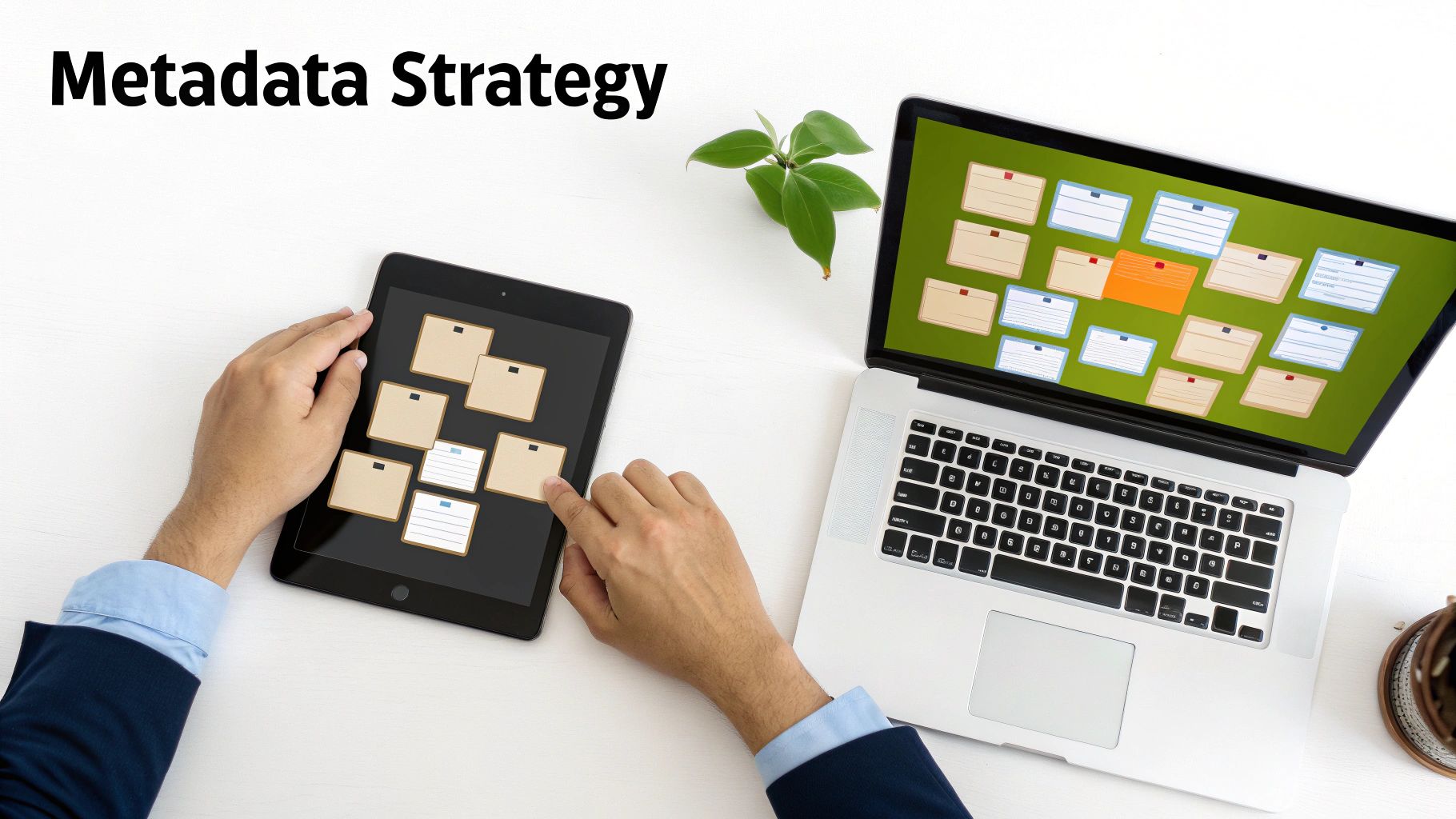 A person works on a metadata strategy using a laptop and tablet displaying organizational cards.