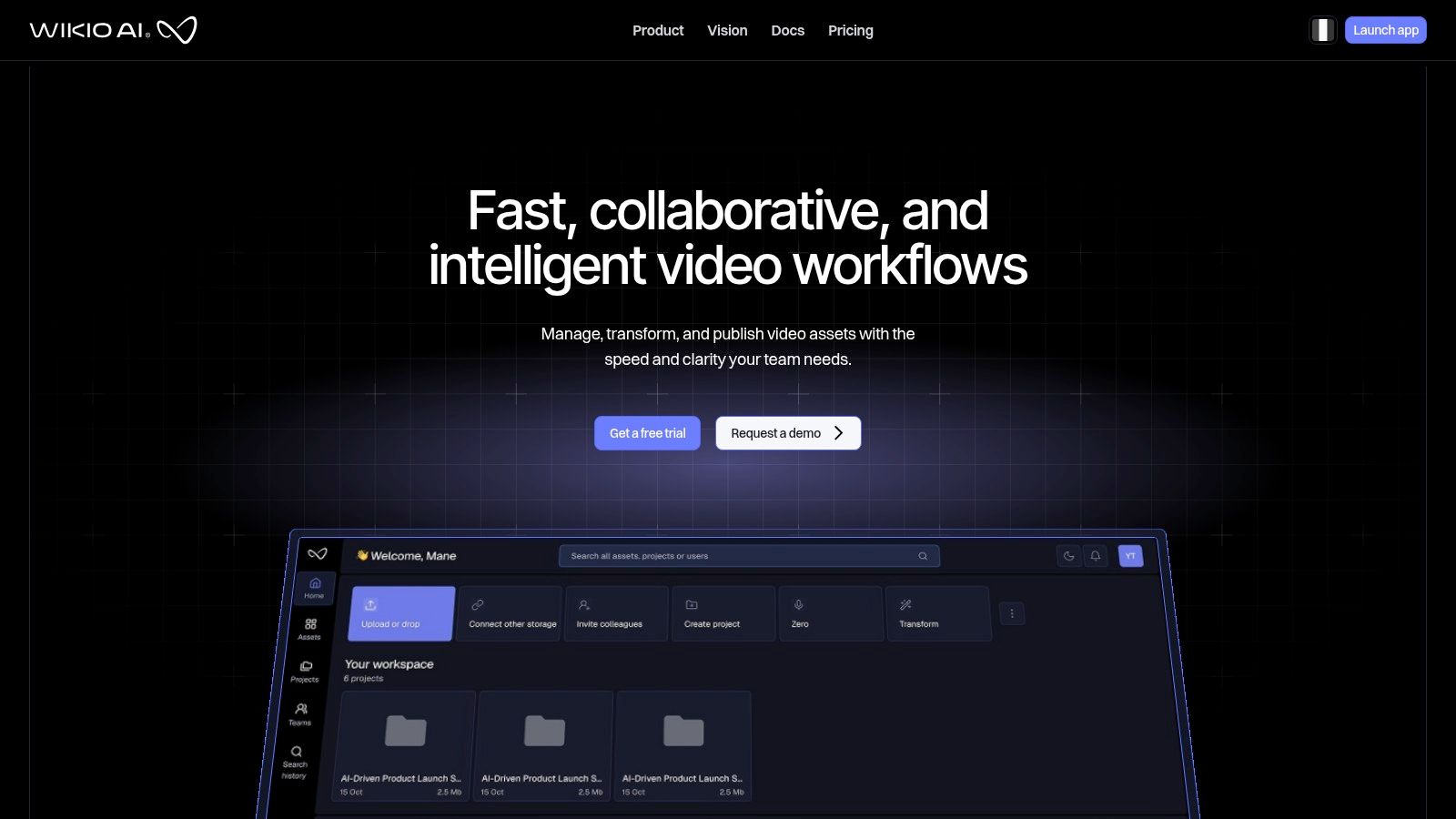 Wikio AI asset manager software showing video workflow and collaboration tools