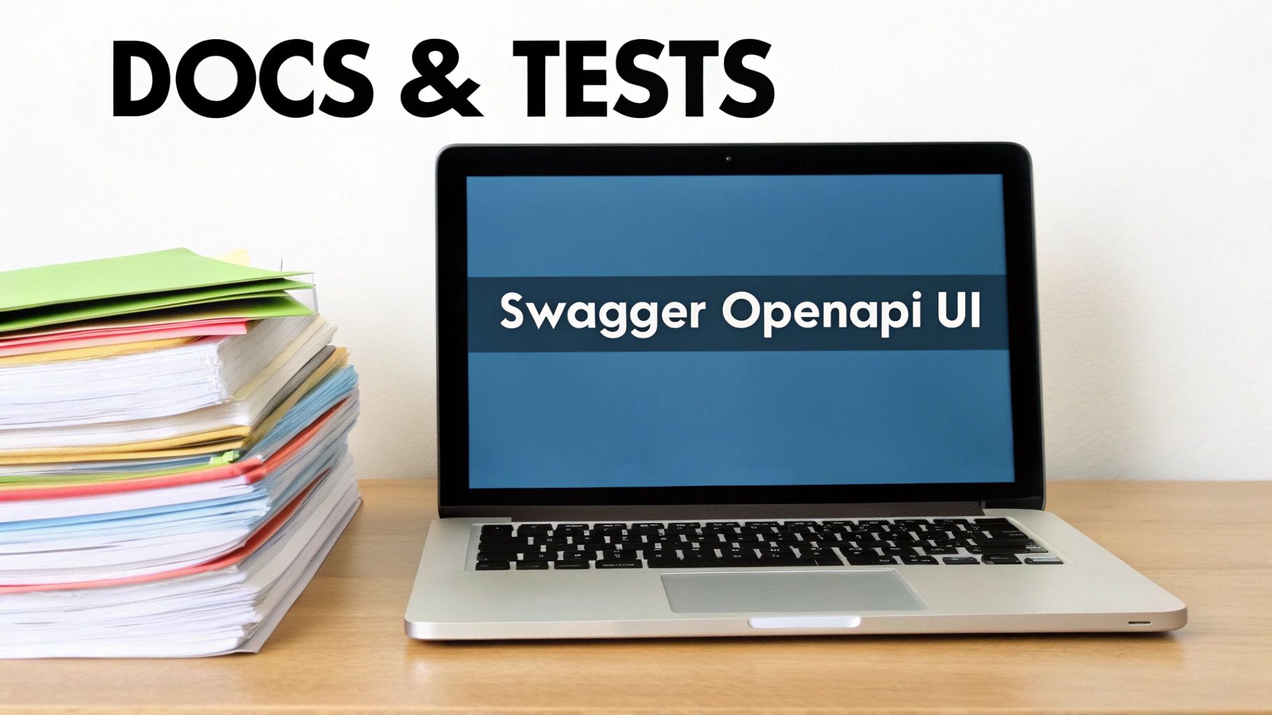 A laptop with 'Swagger Openapi UI' on screen, a stack of documents, and 'DOCS & TESTS' text.