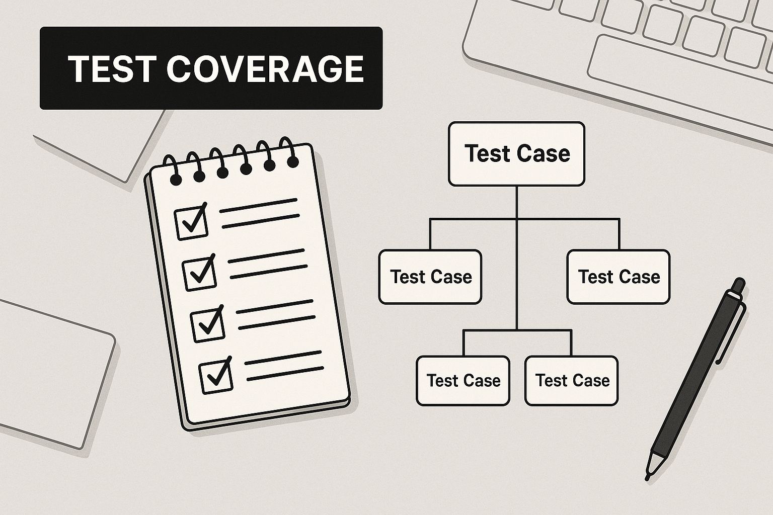 Infographic showing a notepad with checkmarks and test case icons arranged in a chart, demonstrating the concept of expanded Test Coverage with a data driven approach.