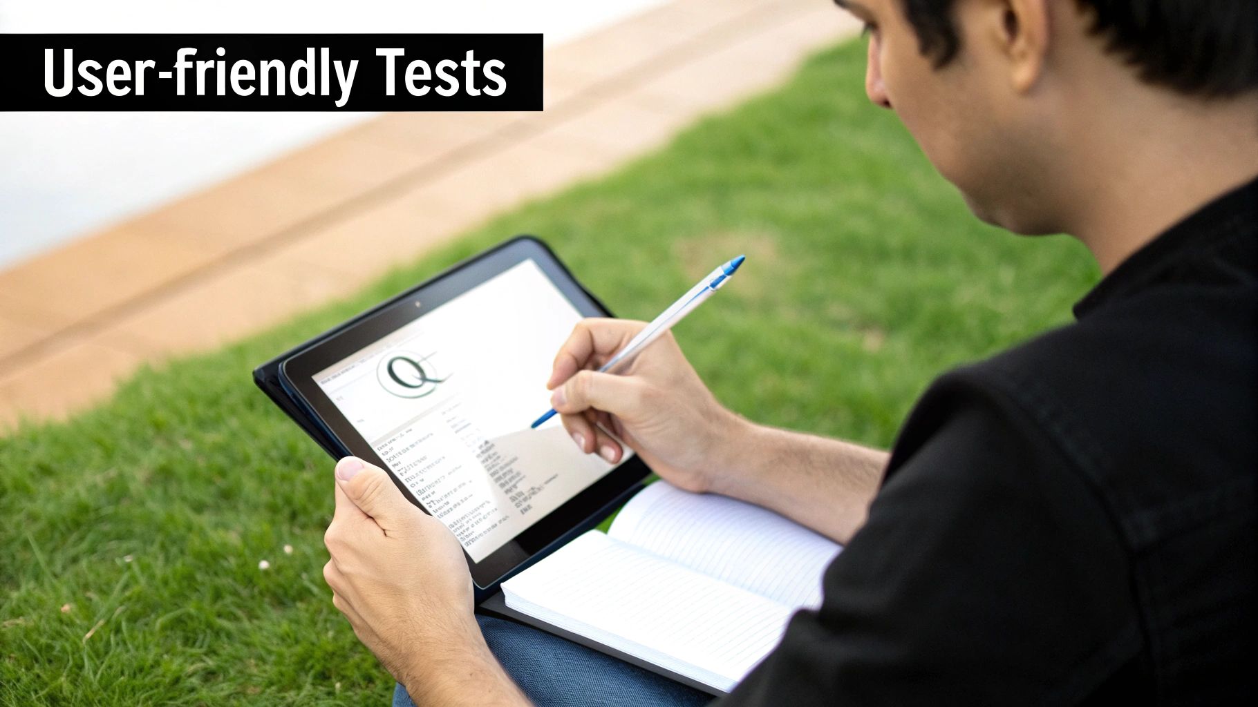 A person is typing on a laptop, surrounded by sticky notes with test case ideas and user flow diagrams, indicating a thoughtful and user-centric approach to testing.