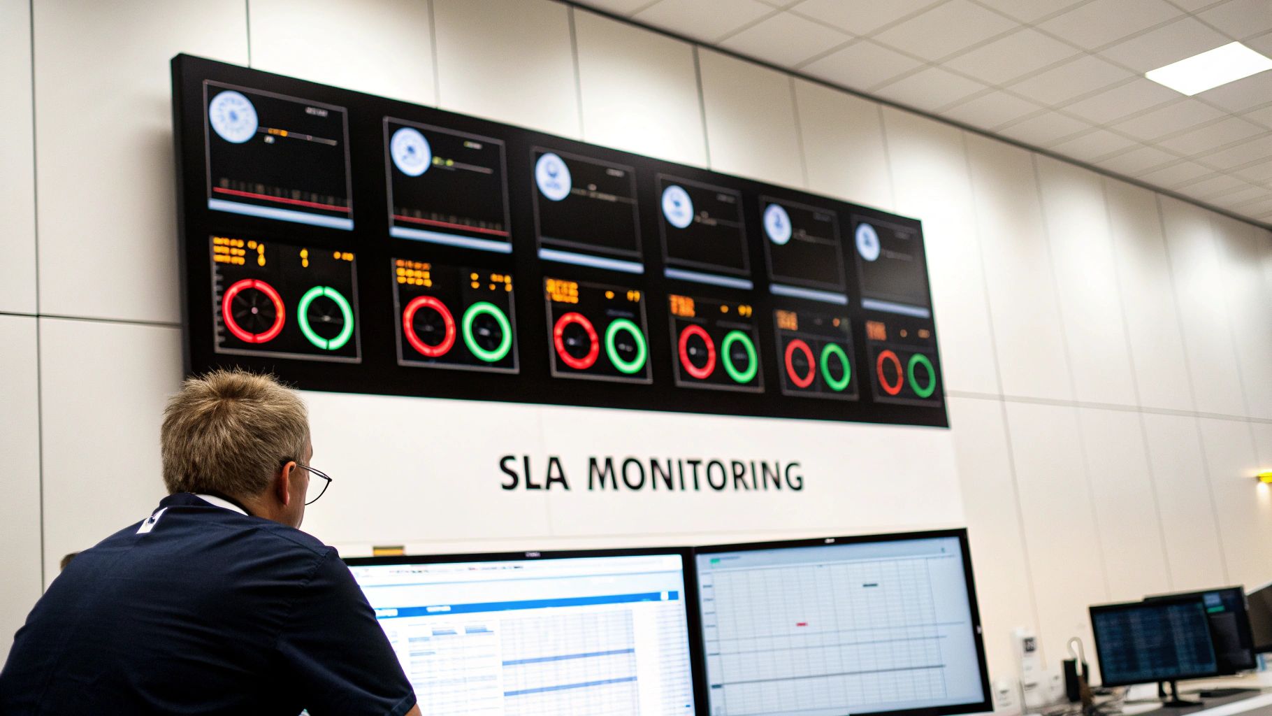 IT professional monitoring service level agreement dashboard with performance metrics and response time indicators