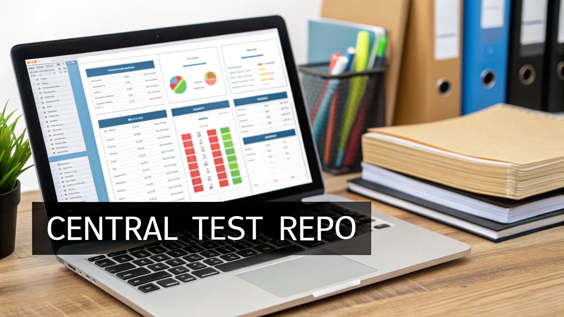 A laptop on a wooden desk displays a 'CENTRAL TEST REPO' dashboard, charts, and data, with office supplies.