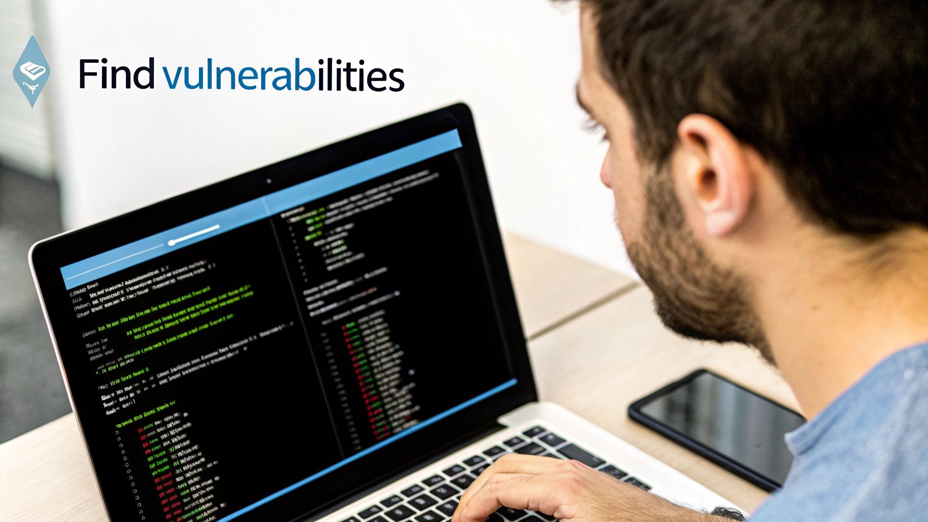 A developer analyzing code on a screen to find security flaws