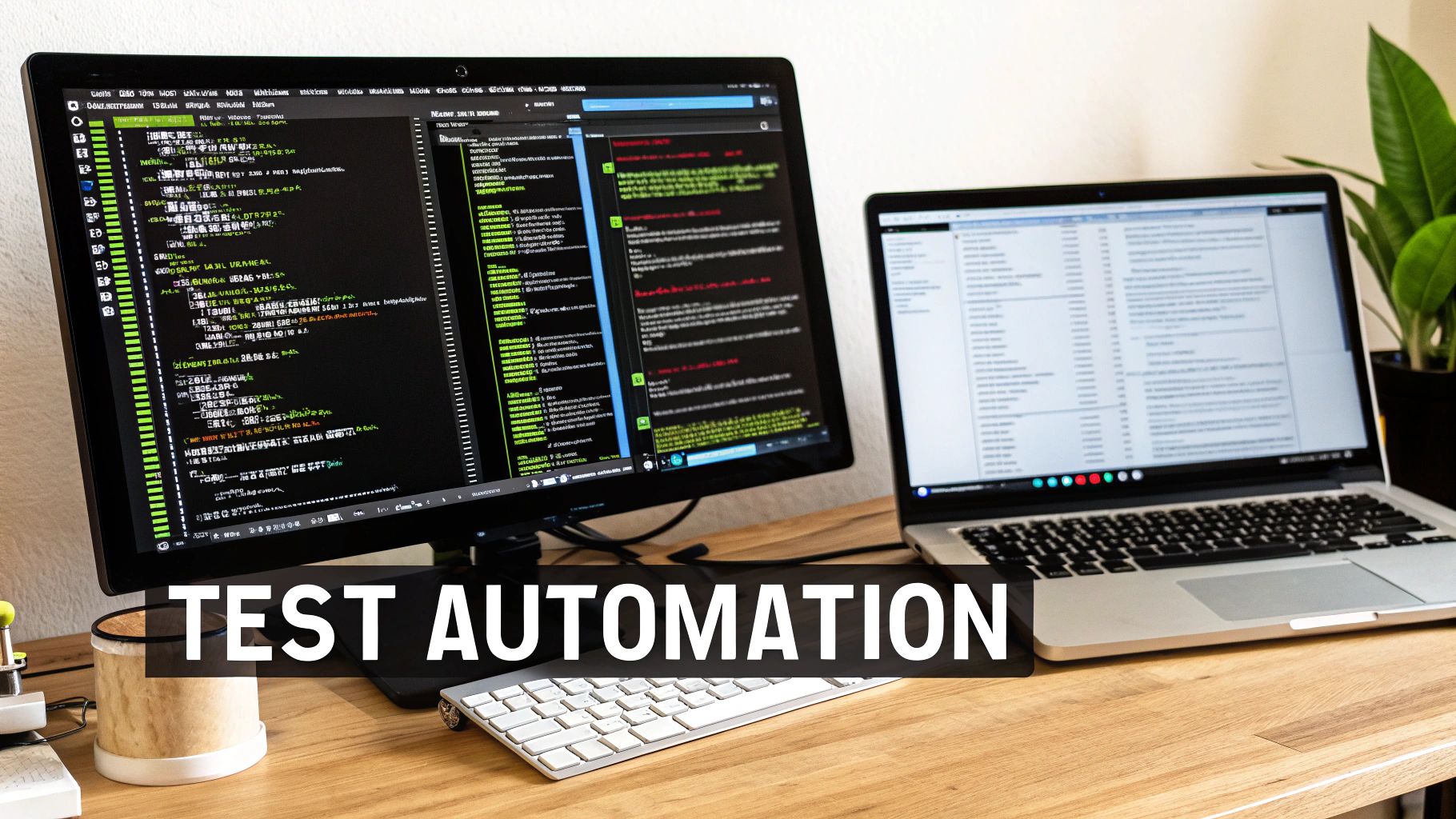 Computer setup for test automation with a monitor displaying code and a laptop on a wooden desk.