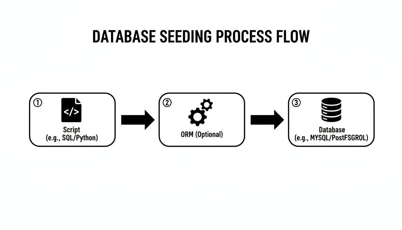 Flowchart showing database seeding process from scripts (SQL/Python) through optional ORM to a database.