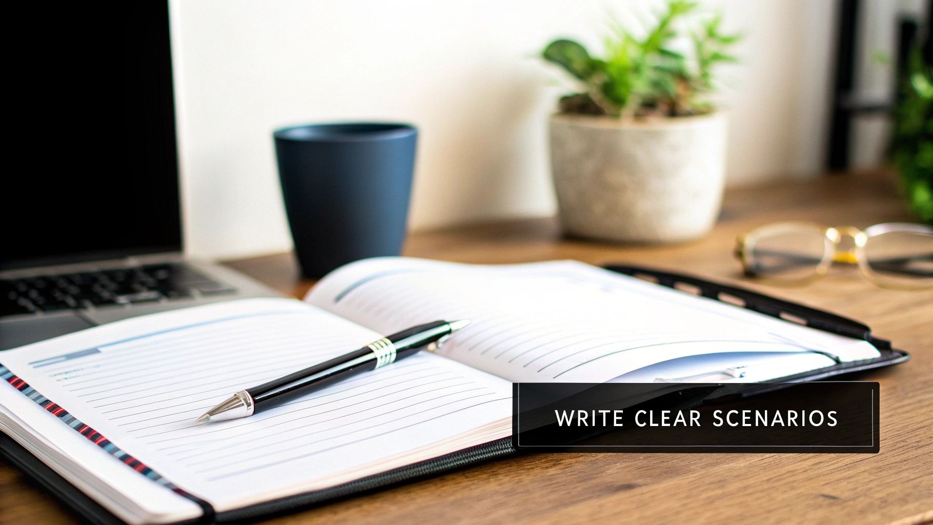 A person at a desk carefully writing plans, symbolizing the creation of test scenarios.