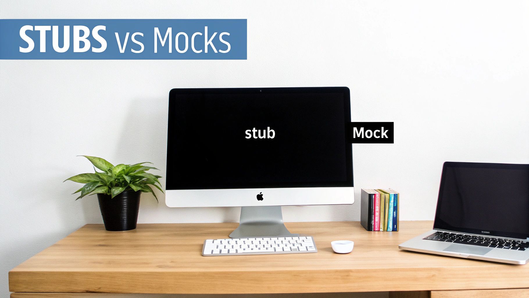 A desk with an iMac displaying 'stub' and a laptop, illustrating 'STUBS vs Mocks' concepts.