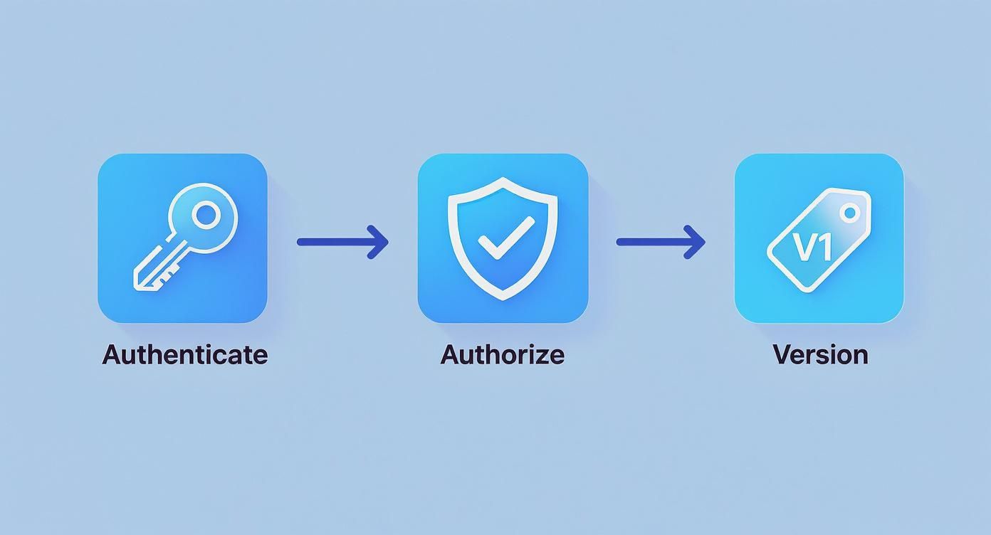 A process diagram depicting authentication with a key, authorization with a shield, and API versioning.