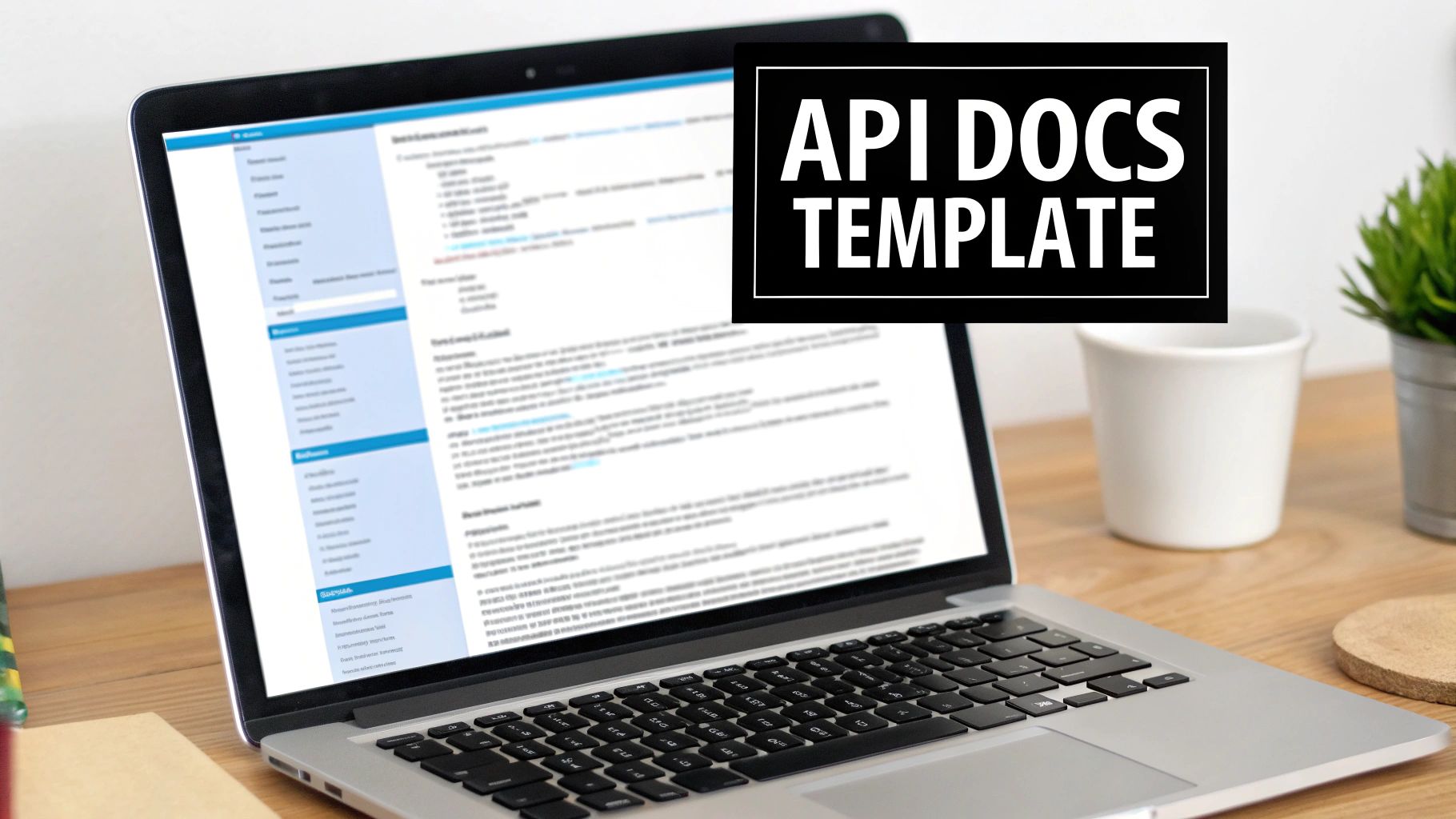 A laptop on a wooden desk displays an API documentation template on its screen, with 'API DOCS TEMPLATE' overlay.