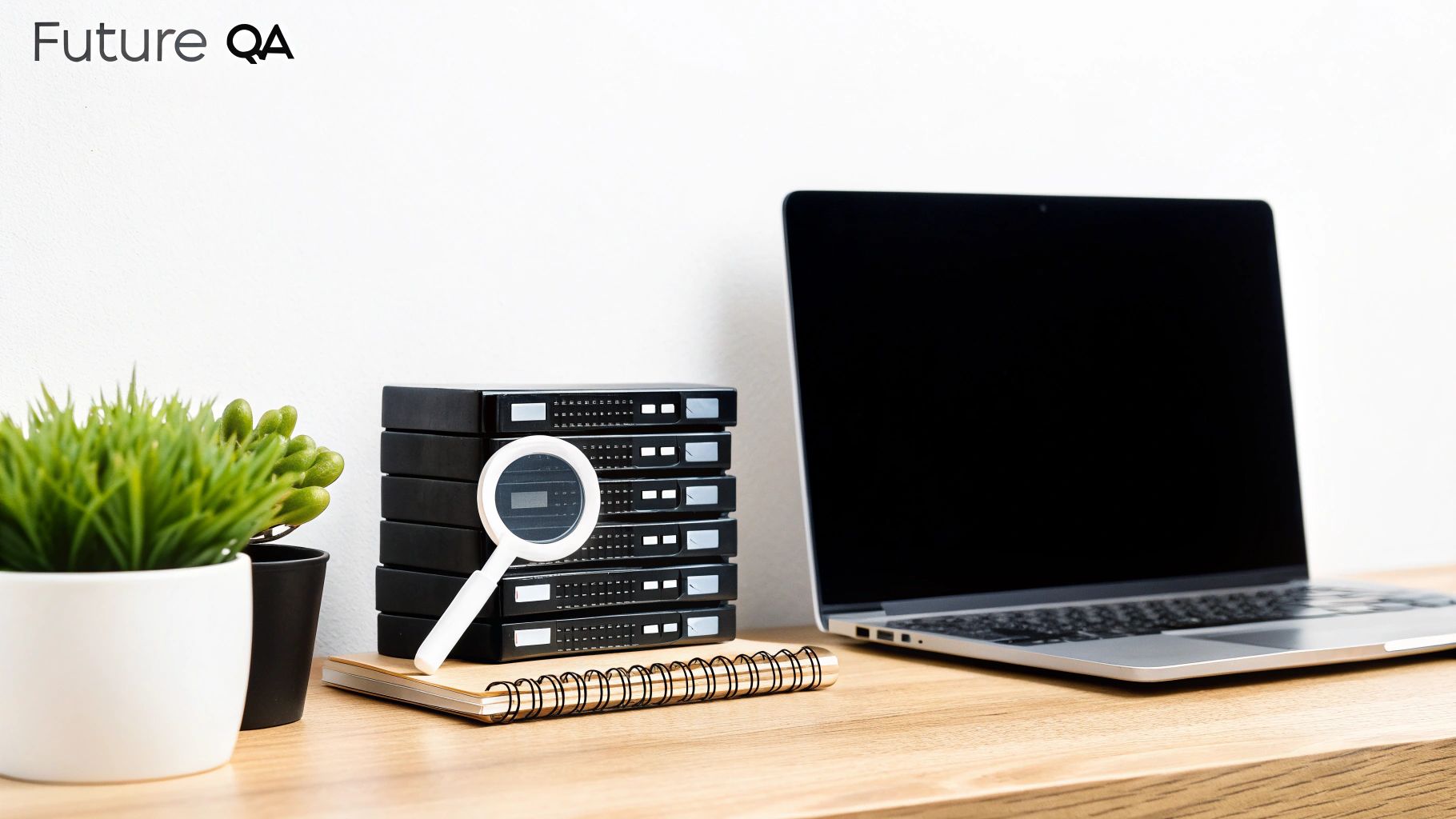 Stack of network servers with magnifying glass on desk beside laptop and notebook for quality assurance