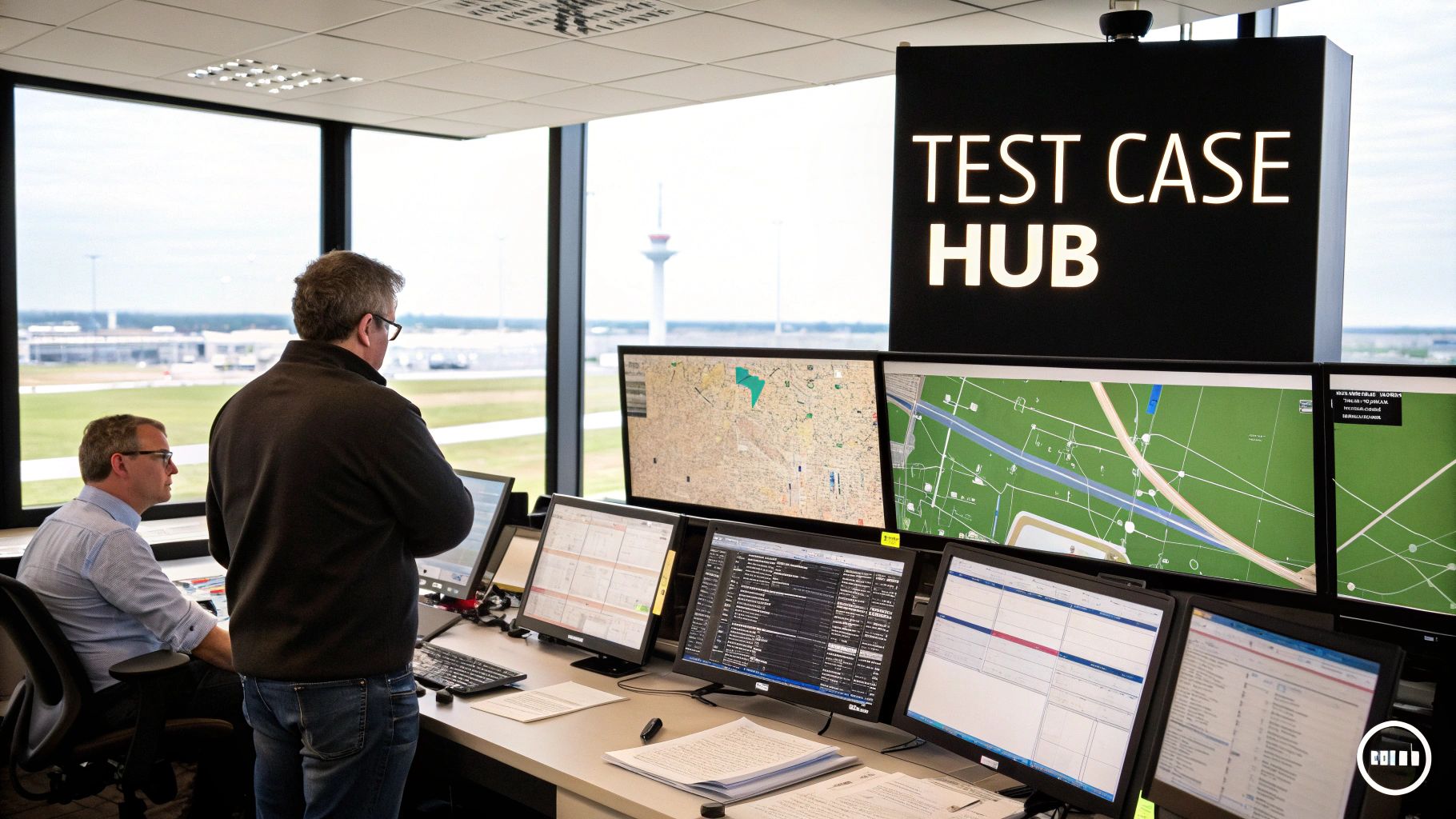 Two men monitor multiple computer screens in a modern control room with a prominent 'TEST CASE HUB' sign.