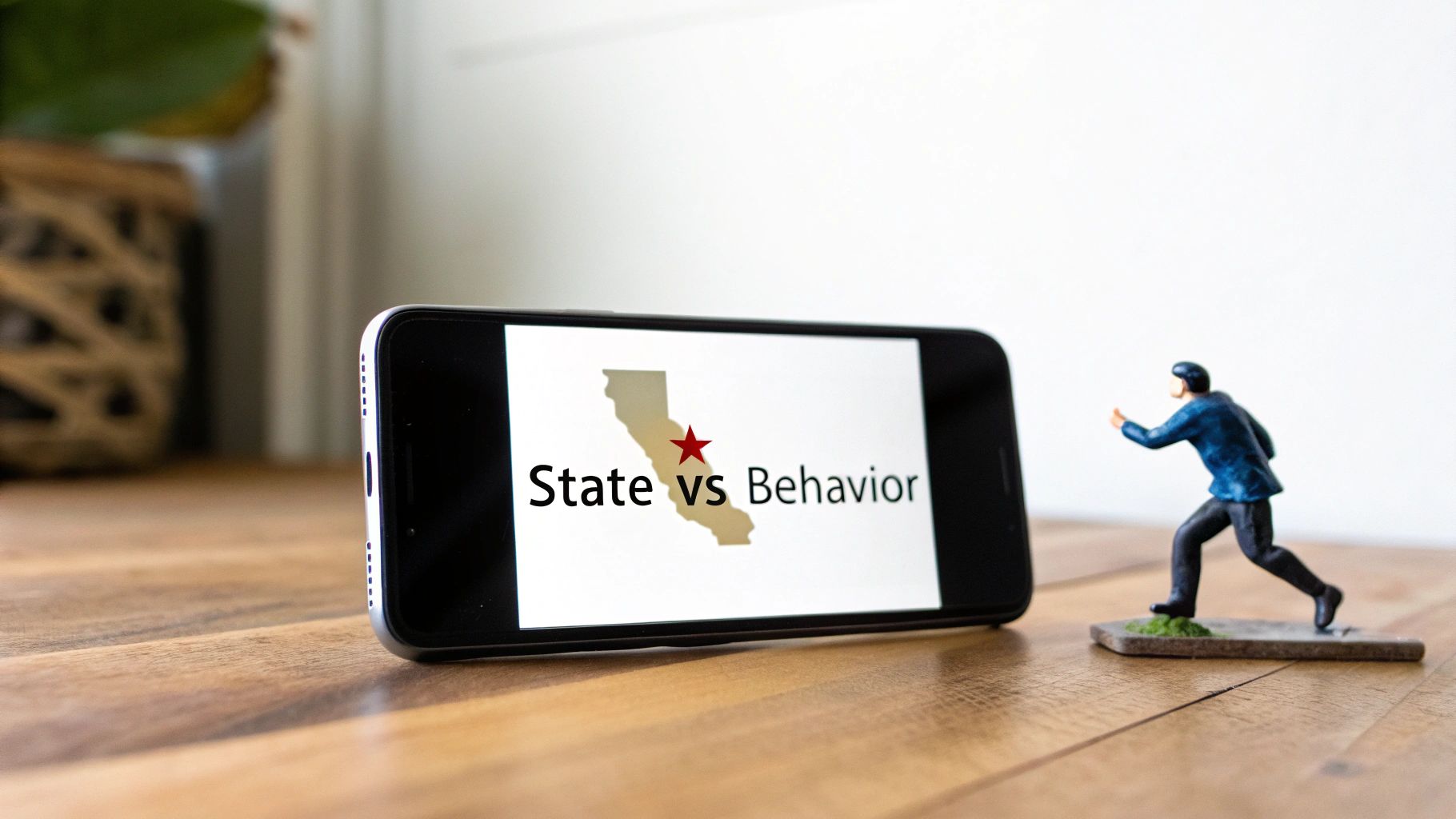 Smartphone showing California map with red star and 'State vs Behavior' text, beside a running figurine.