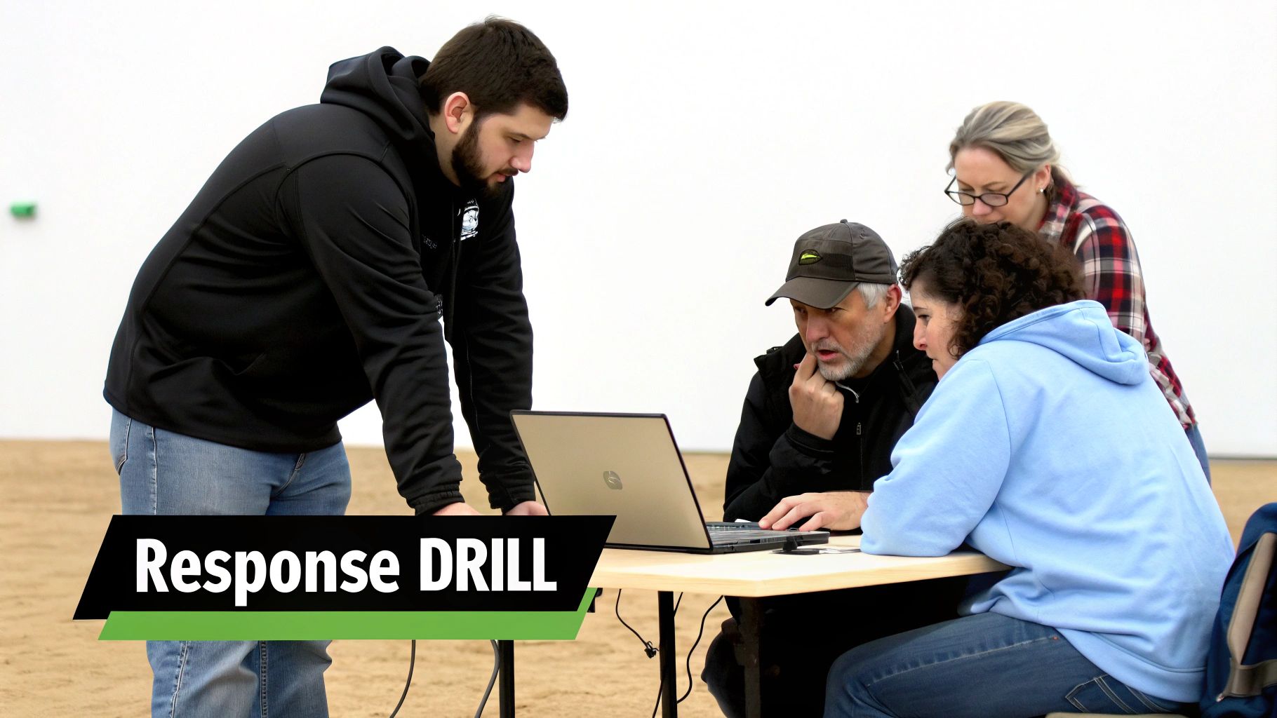 Team conducting emergency response drill training session with laptop at table in meeting room