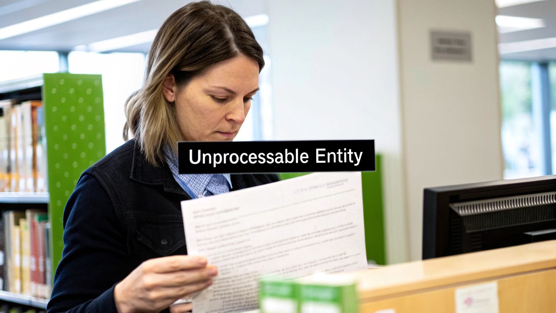 A magnifying glass examining a computer screen with code, symbolizing the inspection of a 422 error.