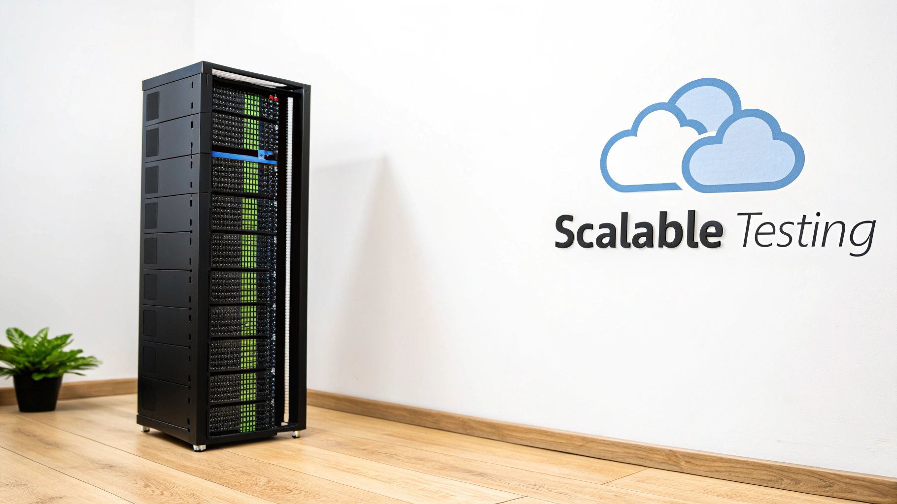 A large server rack with green illuminated components stands next to a 'Scalable Testing' cloud logo.