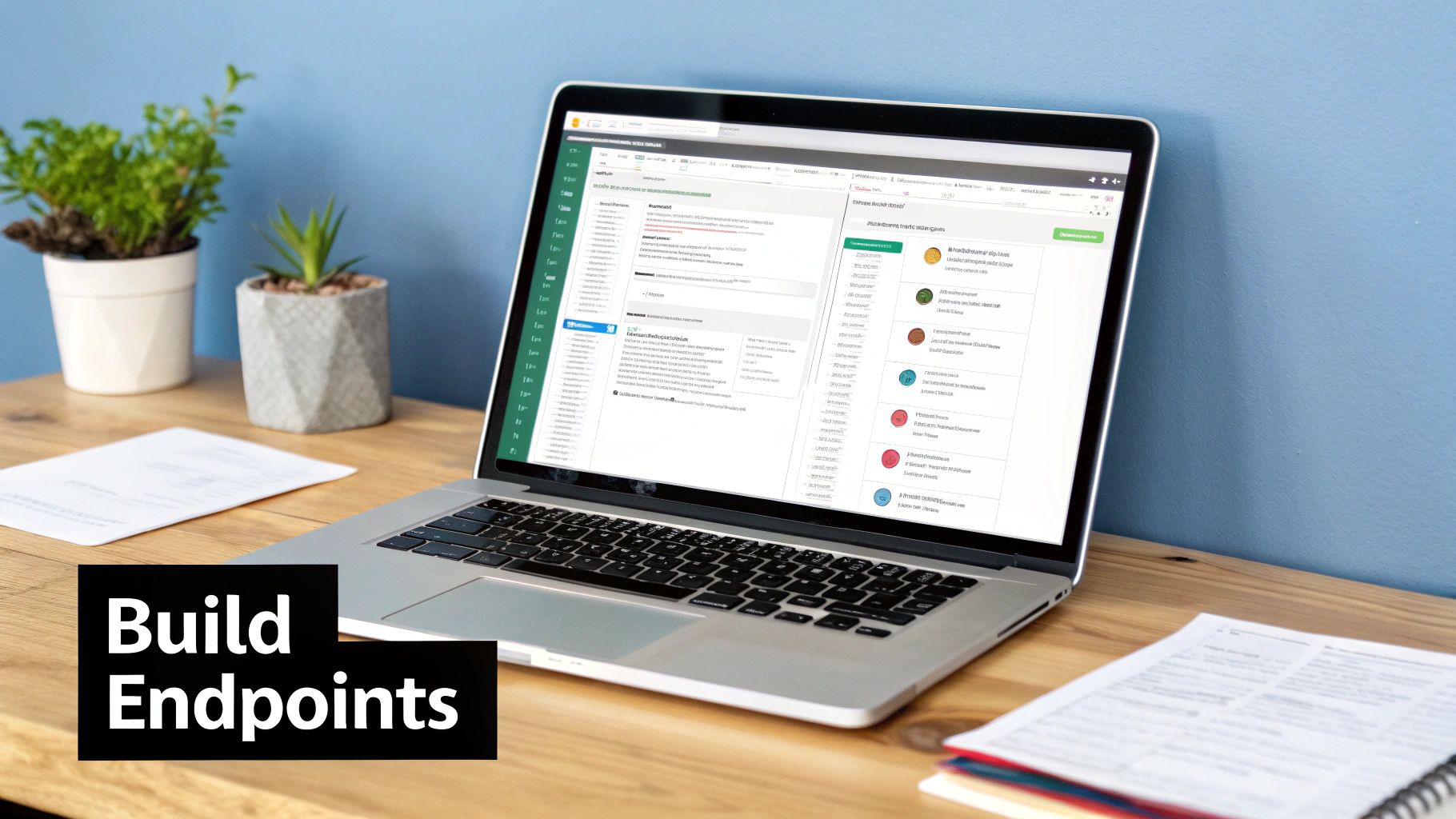 A silver laptop on a wooden desk displays a web application for managing data, with two plants.