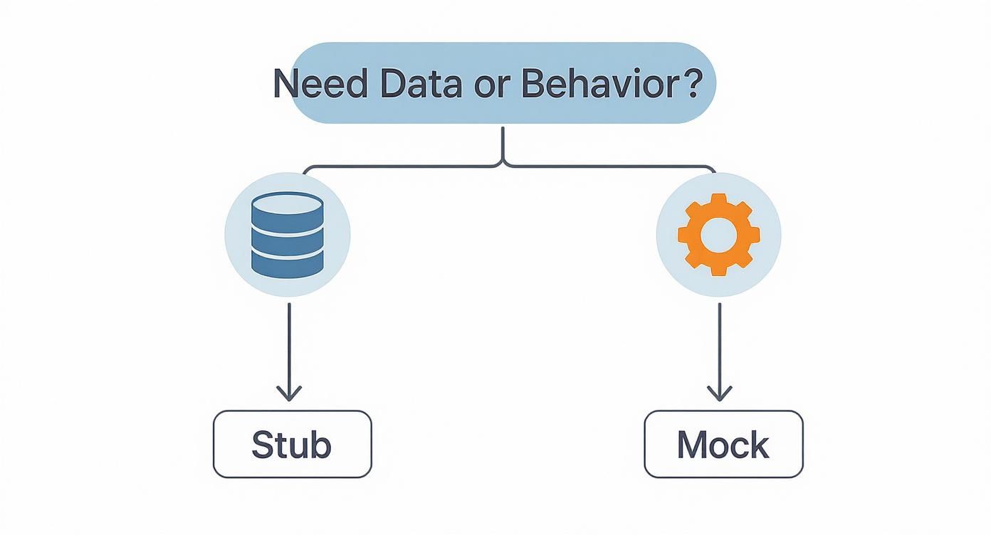 Flowchart illustrating when to use Stub for data and Mock for behavior in software testing.