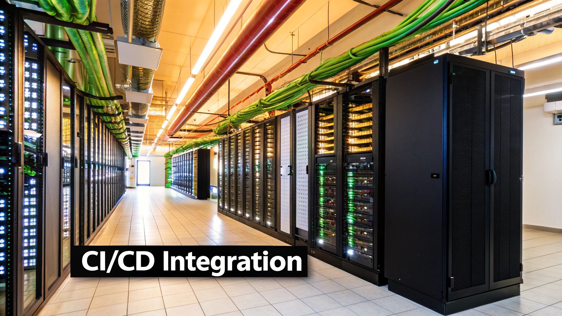 A visual representation of a CI/CD pipeline, showing code moving through build, test, and deploy stages