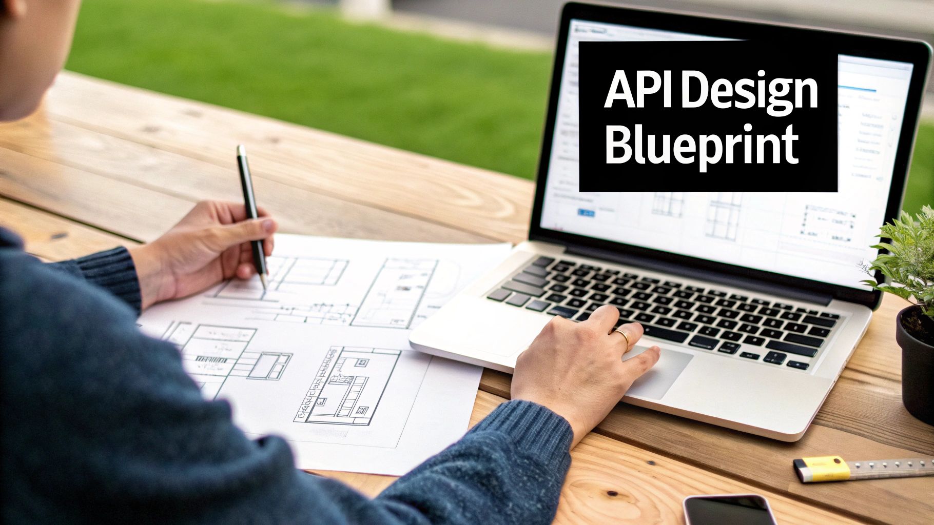 Person planning API design with physical blueprints on a table and a laptop displaying 'API Design Blueprint'.