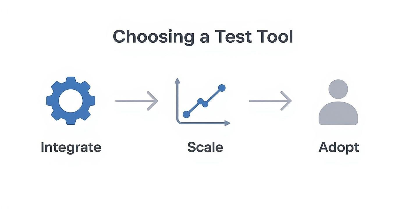 A diagram titled 'Choosing a Test Tool' illustrating three steps: Integrate (gear icon), Scale (line graph), and Adopt (person icon).