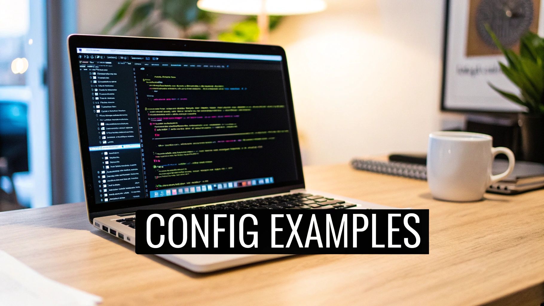 Laptop displaying colorful code editor with configuration files on wooden desk with coffee mug