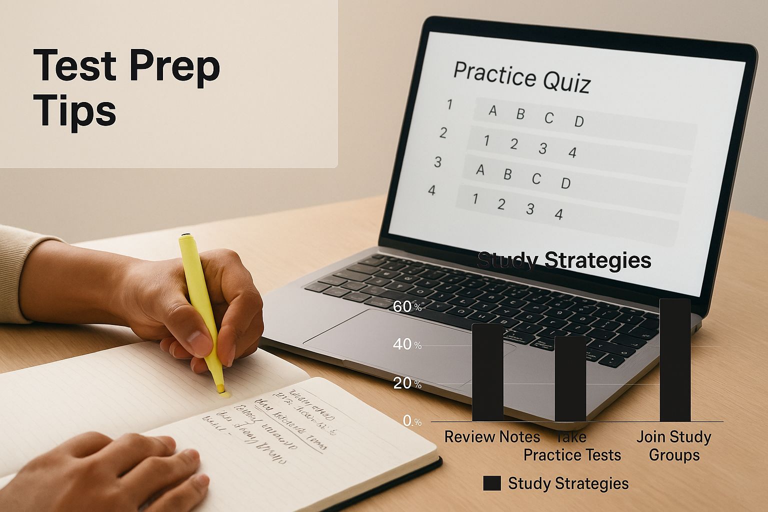 Infographic with a person highlighting notes beside a laptop showing a practice quiz, featuring a text block with 'Test Prep Tips' positioned in the upper left corner on a solid background block
