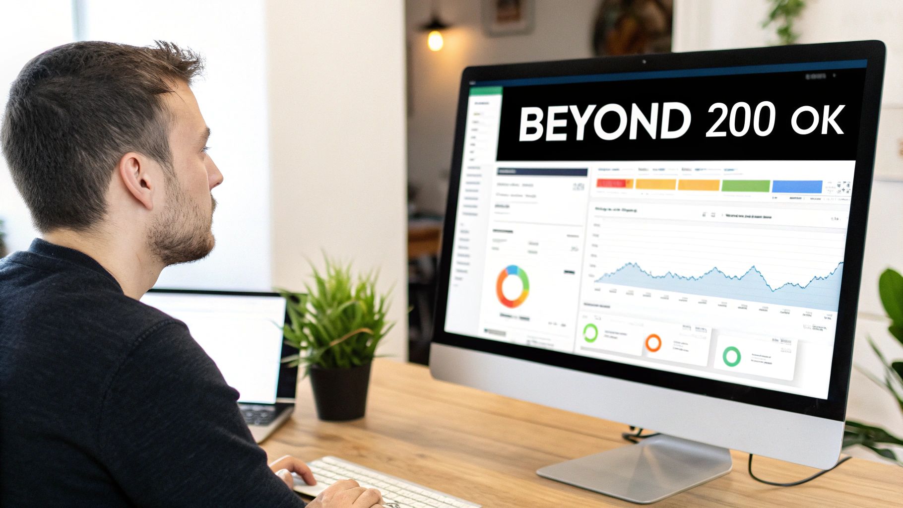 Man viewing a computer screen displaying 'BEYOND 200 OK' presentation with data charts and graphs.