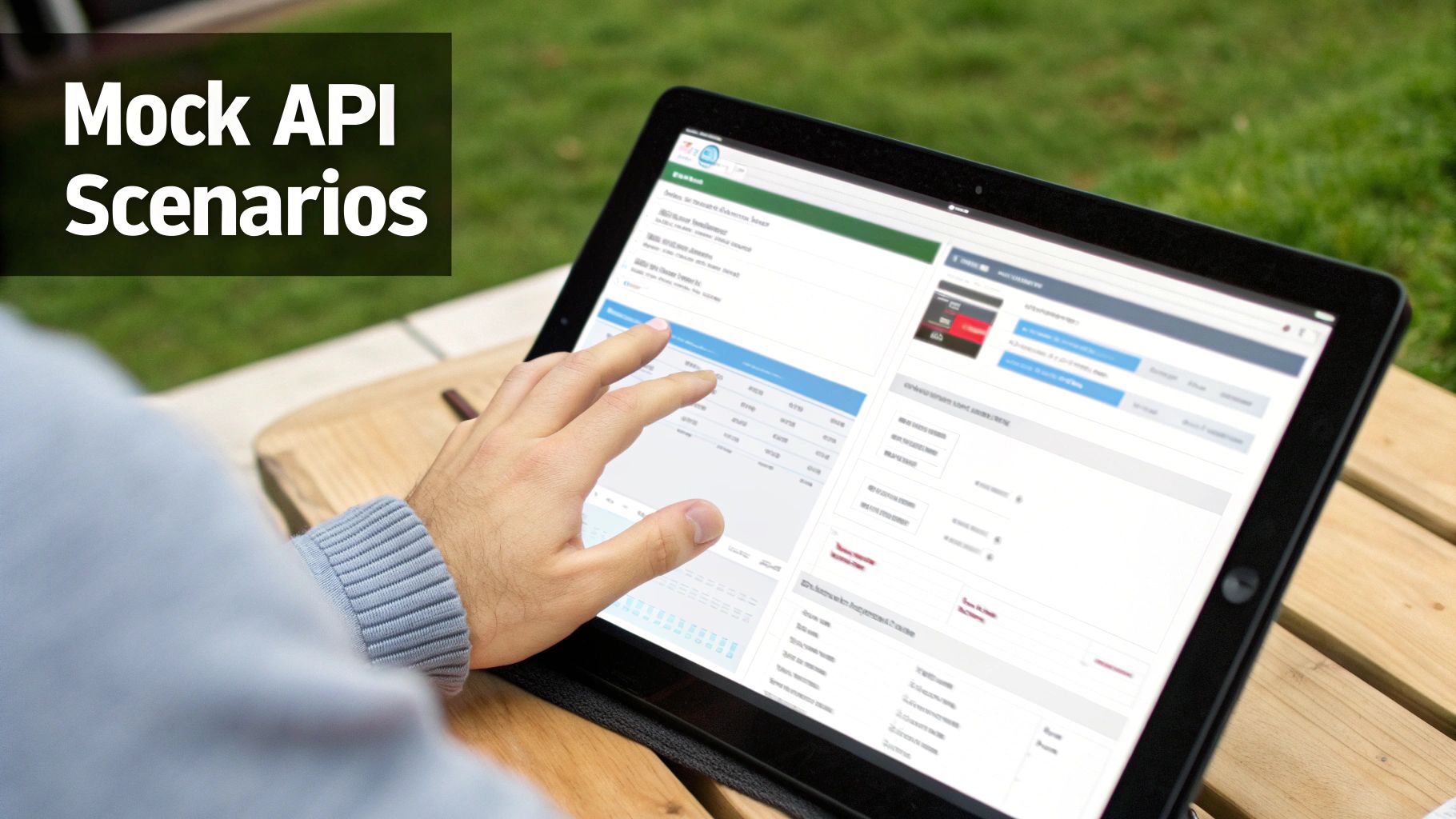 A hand interacts with a tablet screen displaying a software interface for mock API scenarios.