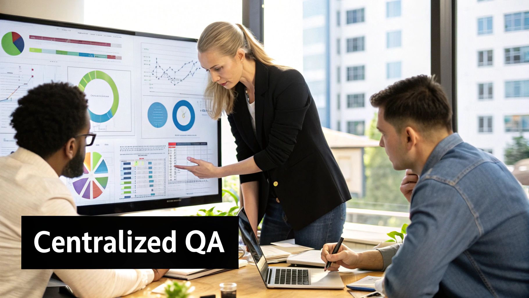 Team collaborating around a central dashboard showing test case management metrics.