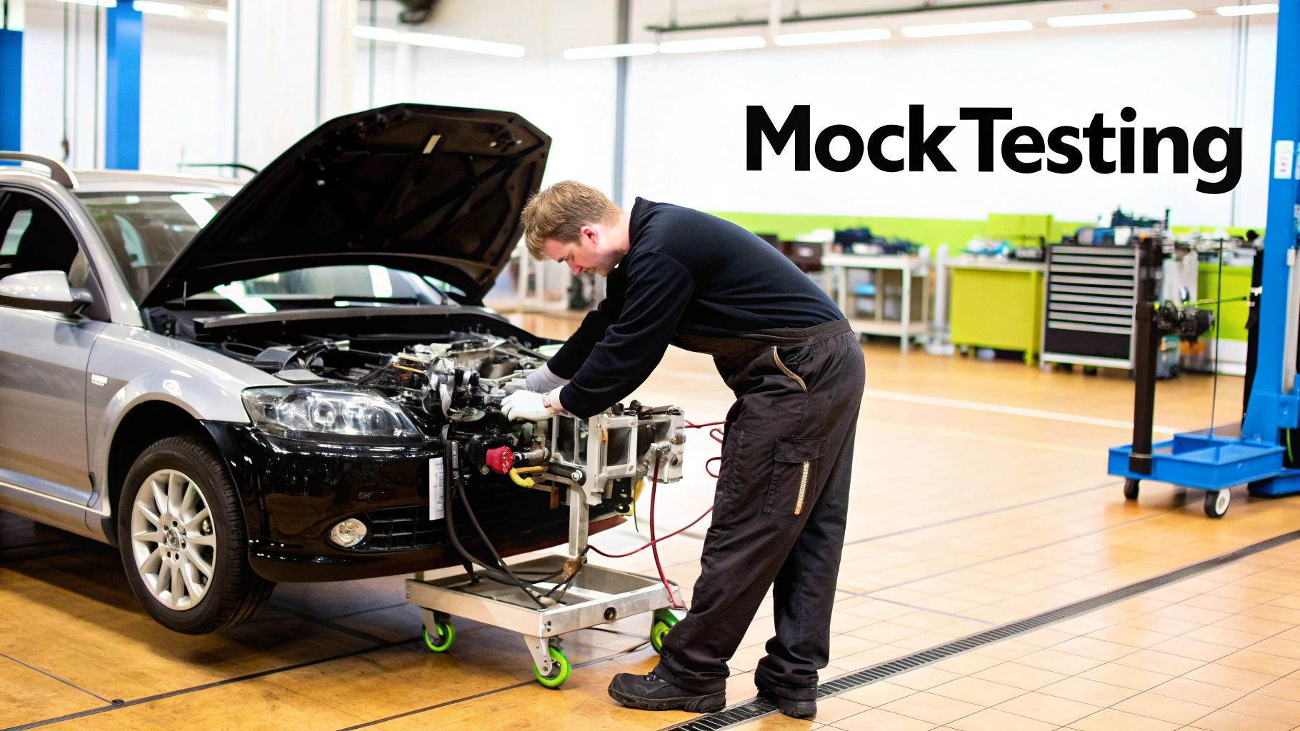 Illustration showing a developer testing code with mock objects instead of real databases and APIs.