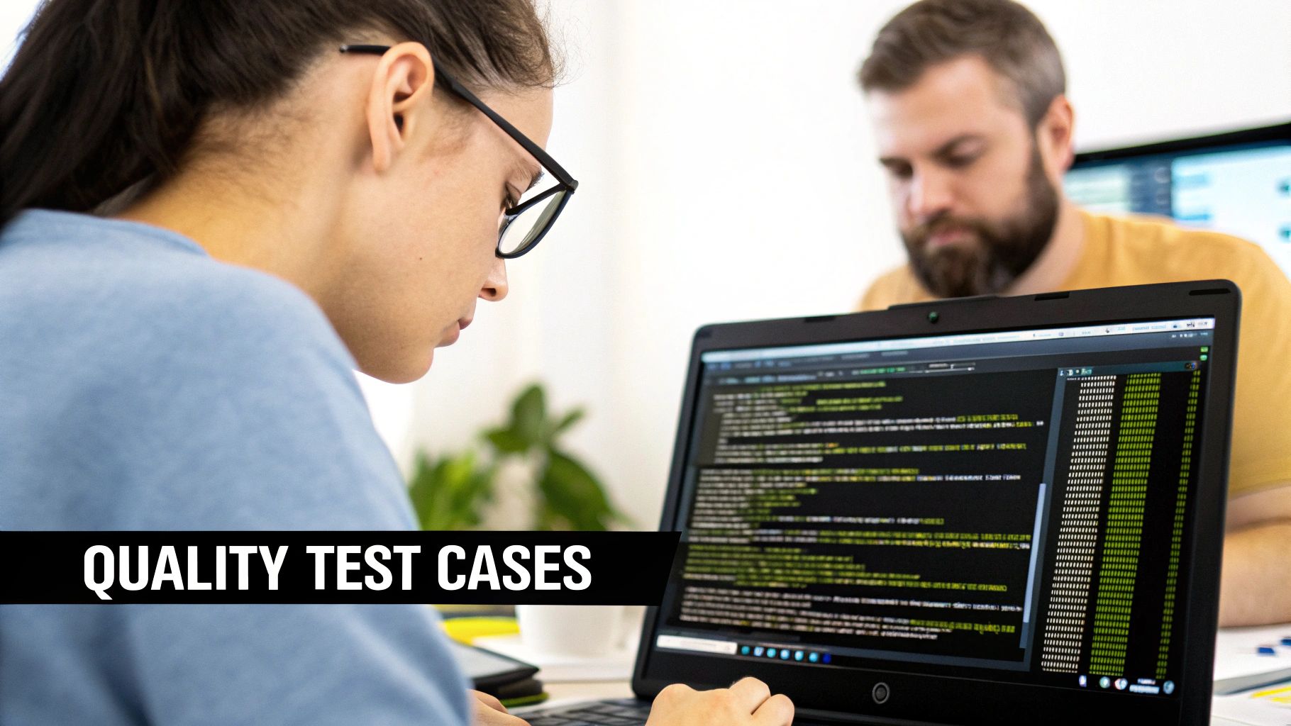 A team of QA engineers collaborating and reviewing test cases on a screen, with digital diagrams and code snippets in the background.