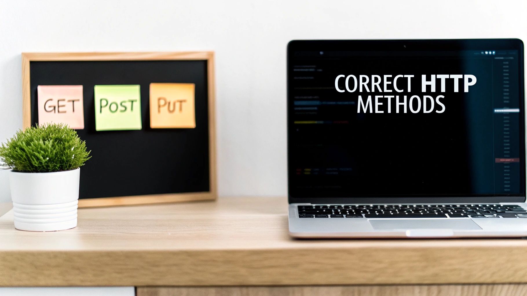 Laptop screen displaying correct HTTP methods with sticky notes showing GET POST PUT on board