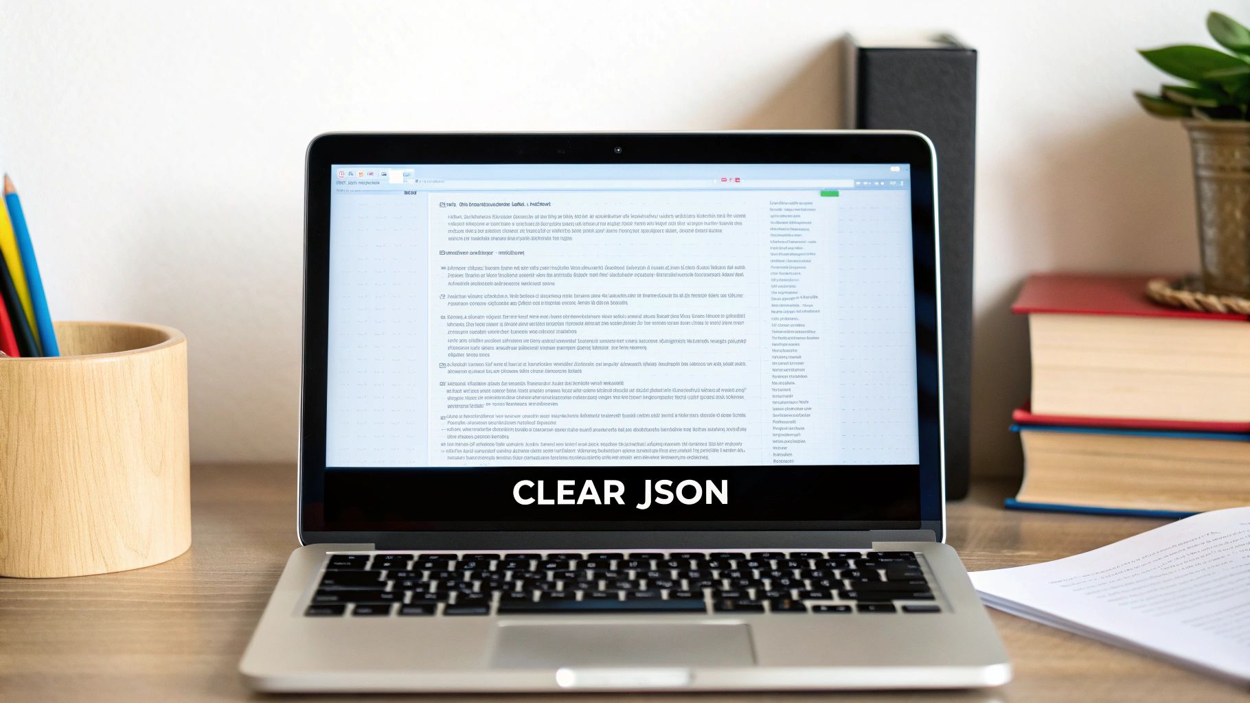 A laptop displaying 'CLEAR JSON' on a wooden desk with pencils, books, and a plant.