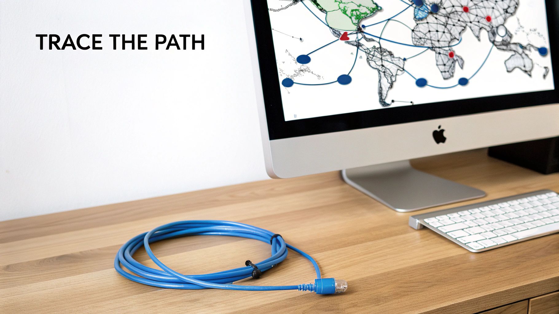 A coiled blue ethernet cable on a wooden desk next to a computer displaying a global network map.